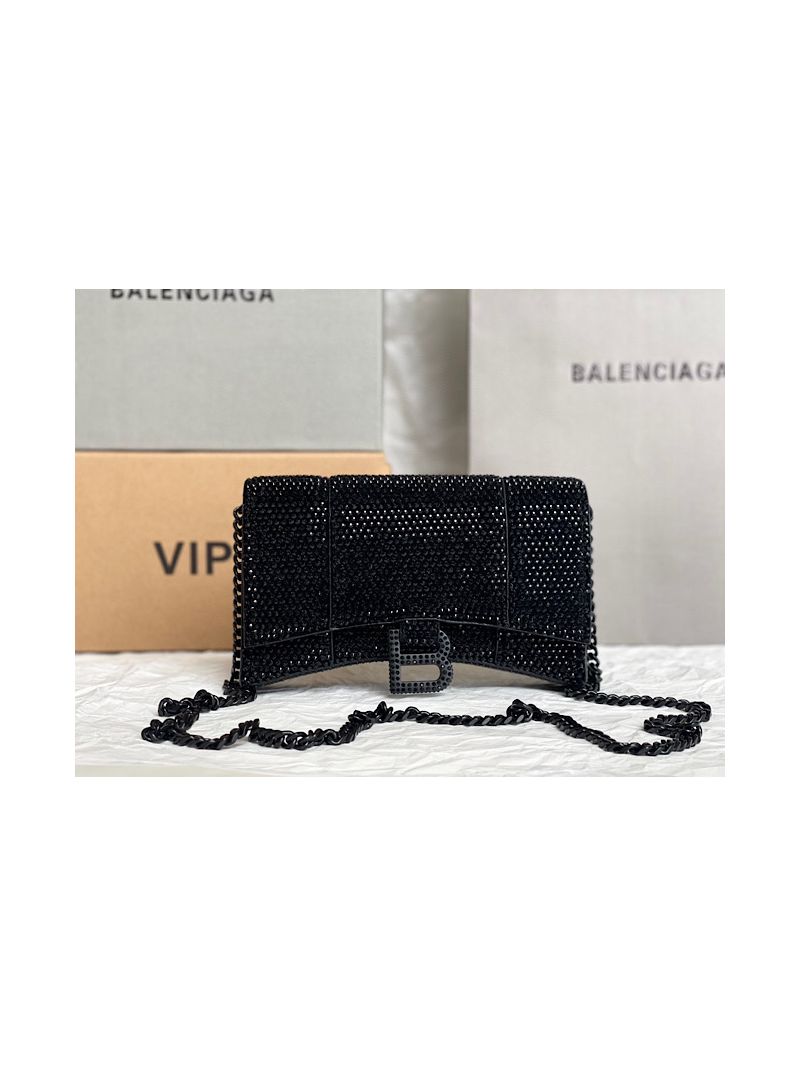 Balenciaga Hourglass Wallet On Chain With Rhinestones In Black 656050 
