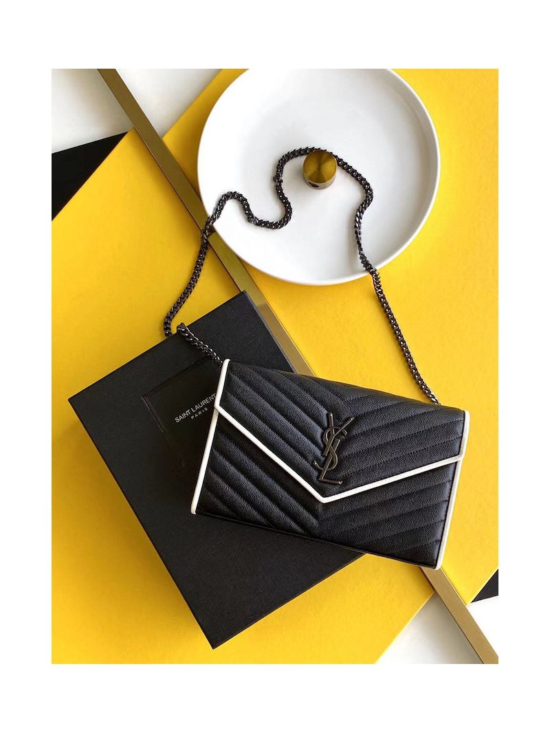 YSL Saint Laurent Monogram Gold Chain Wallet Black White