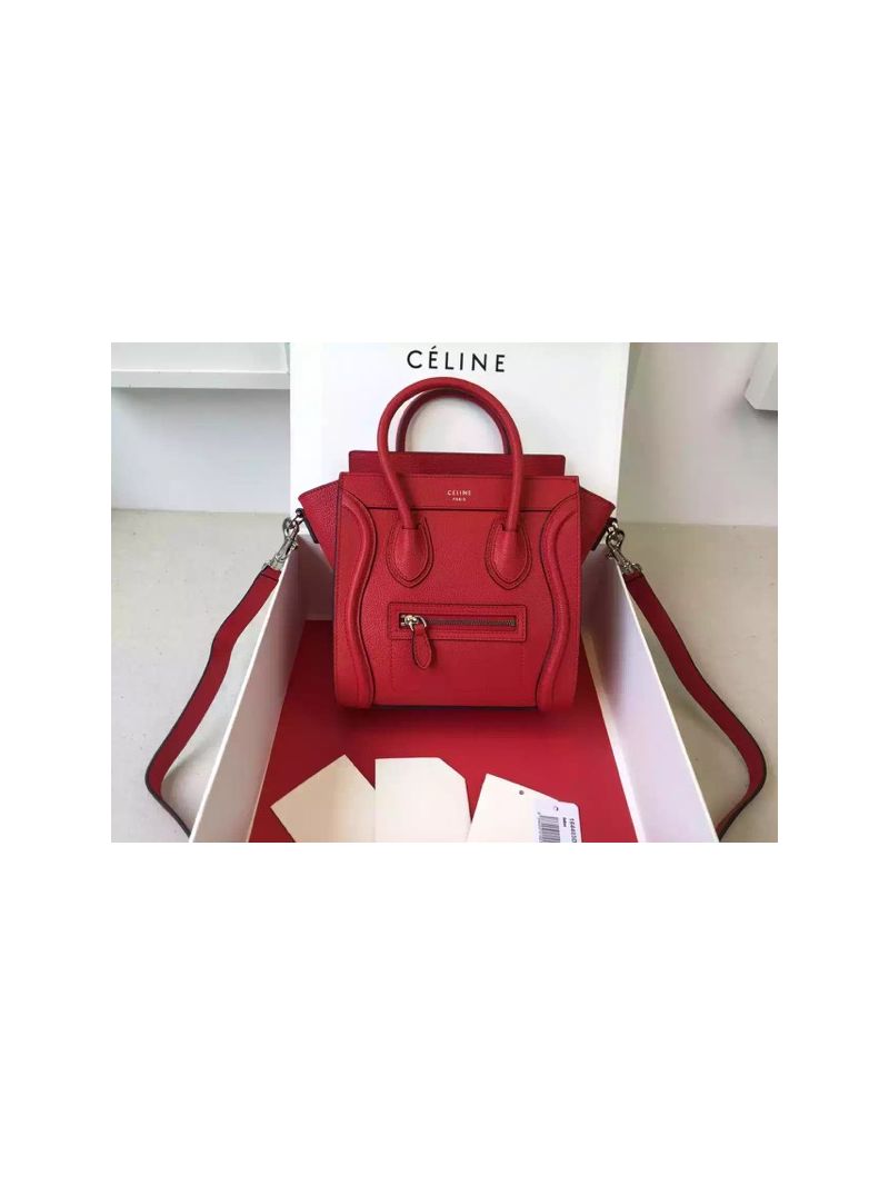 Céline Luggage Tote Drummed Calfskin Red
