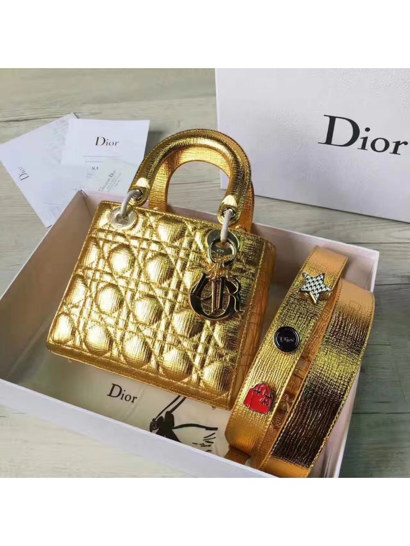 My Lady Dior Bag in Gold Grained Leather with Customisable Shoulder Strap