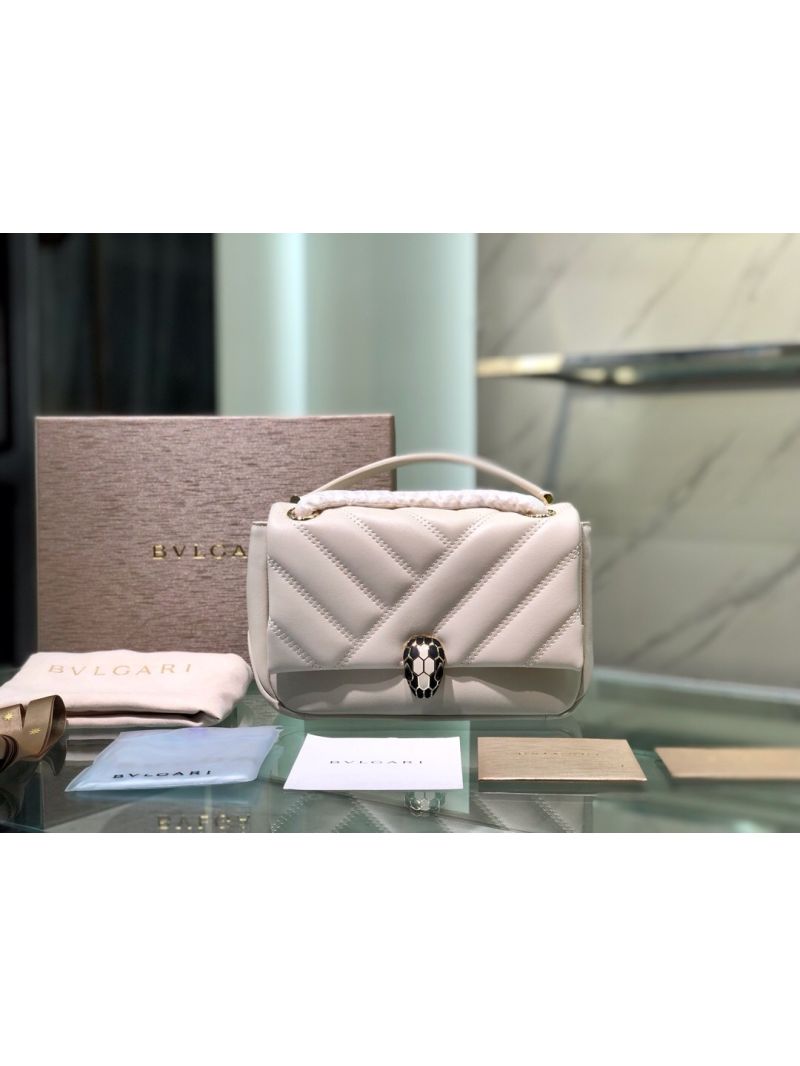 Bvlgari Serpenti Cabochon Small Shoulder Bag Matelassé Leather 287993 White