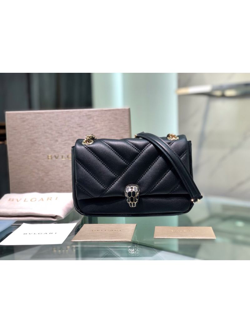 Bvlgari Serpenti Cabochon Small Shoulder Bag Matelassé Leather 287993 Black