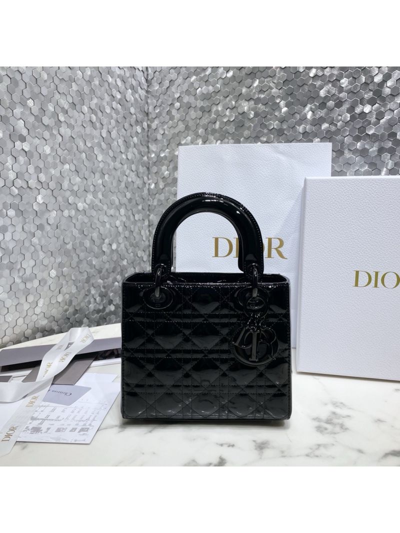 Dior Small Lady Dior Patent Calfskin Bag All Black