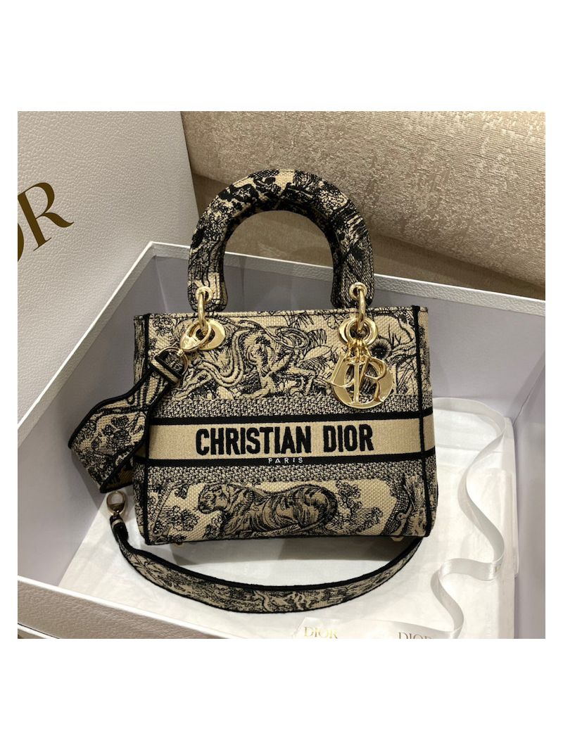 Dior Medium Lady D-Lite Bag Brown Toile de Jouy Embroidery M0565