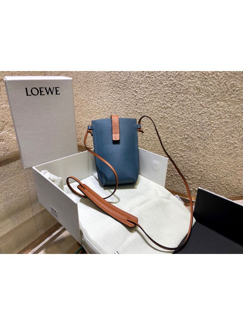 Loewe Small Gate Pocket Bag in Grained Calfskin 16842 Steel Blue/Tan
