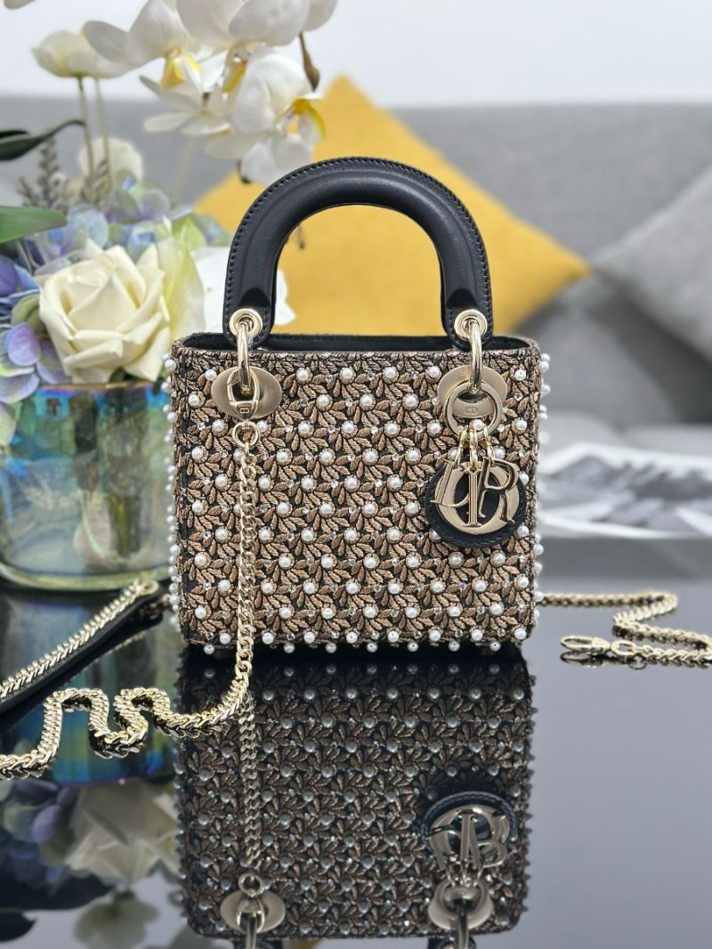 Dior Mini Lady Dior Bag Lambskin and Cotton Embroidered with Resin Pearl, Crystals and Gold-tone Metallic Thread M0505 Limited Edition