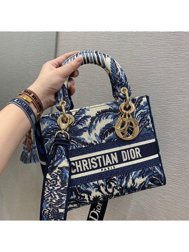 Dior Medium Lady D-Lite Bag Blue Palms Embroidery