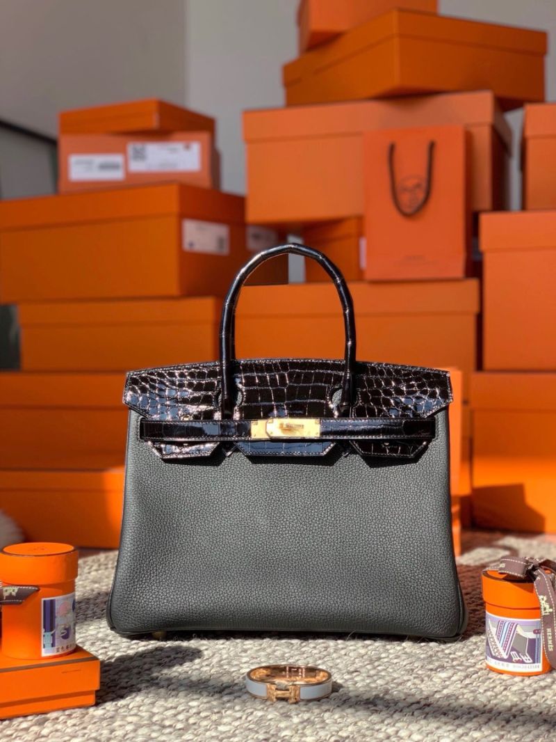 Hermes Birkin Touch Togo w Shiny Niloticus Crocodile Leather Black