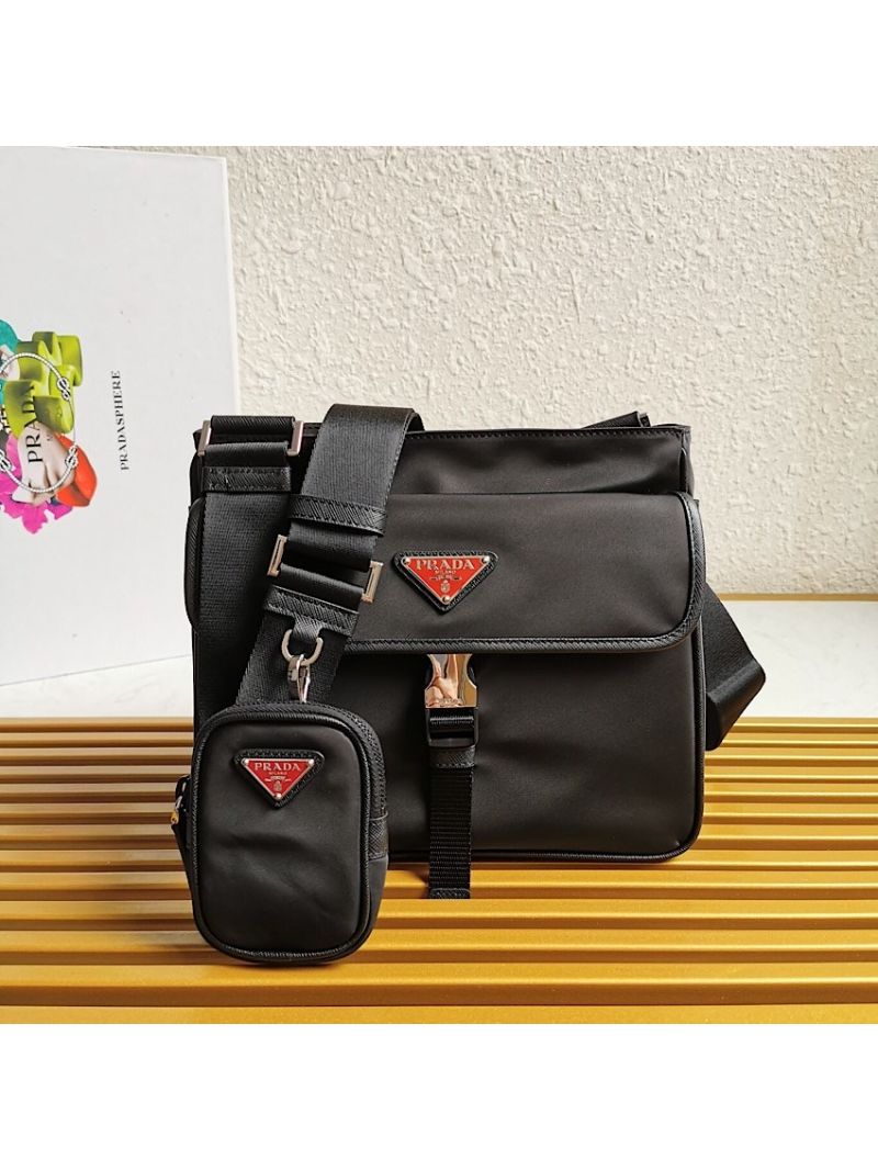 Prada Nylon Cross-Body Bag 2VH110 Black w Red Logo