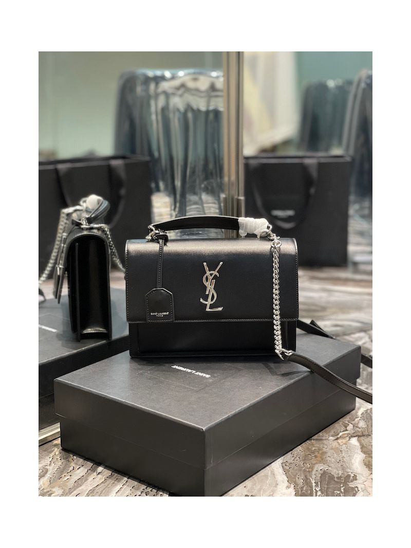 YSL Saint Laurent Medium Sunset Satchel In Smooth Leather 634723 Black with Silver Hardware