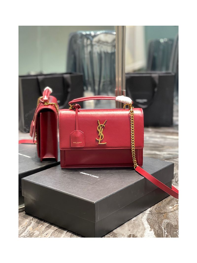 YSL Saint Laurent Medium Sunset Satchel In Smooth Leather 634723 Dark Red