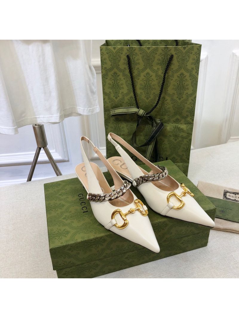 Gucci Women's Leather Pump With Horsebit Slingback 616596 White
