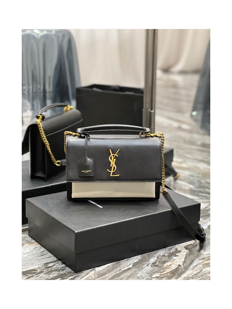YSL Saint Laurent Medium Sunset Satchel In Smooth Leather 634723 Black Blanc