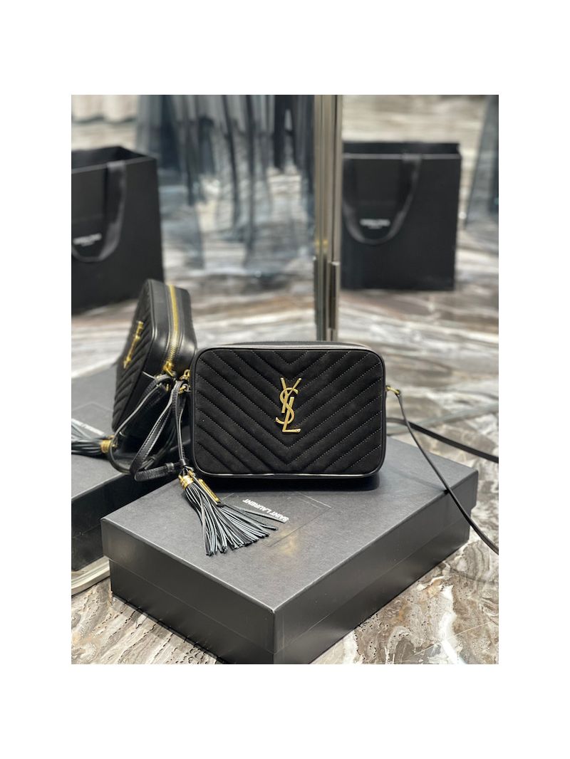 YSL Saint Laurent Lou Camera Bag In Quilted Suede And Smooth Leather 520534 Black