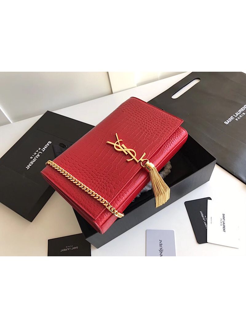 YSL Classic Medium Kate Monogram Saint Laurent Tassel Satchel In Red Crocodile Embossed Shiny Leather 354119 in gold hardware