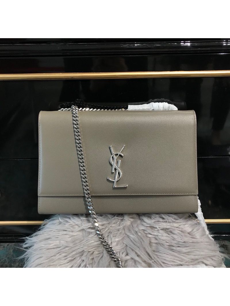 YSL Saint Laurent Large Kate Chain Bag In Grey Grain De Poudre Textured Leather Silver Hardware