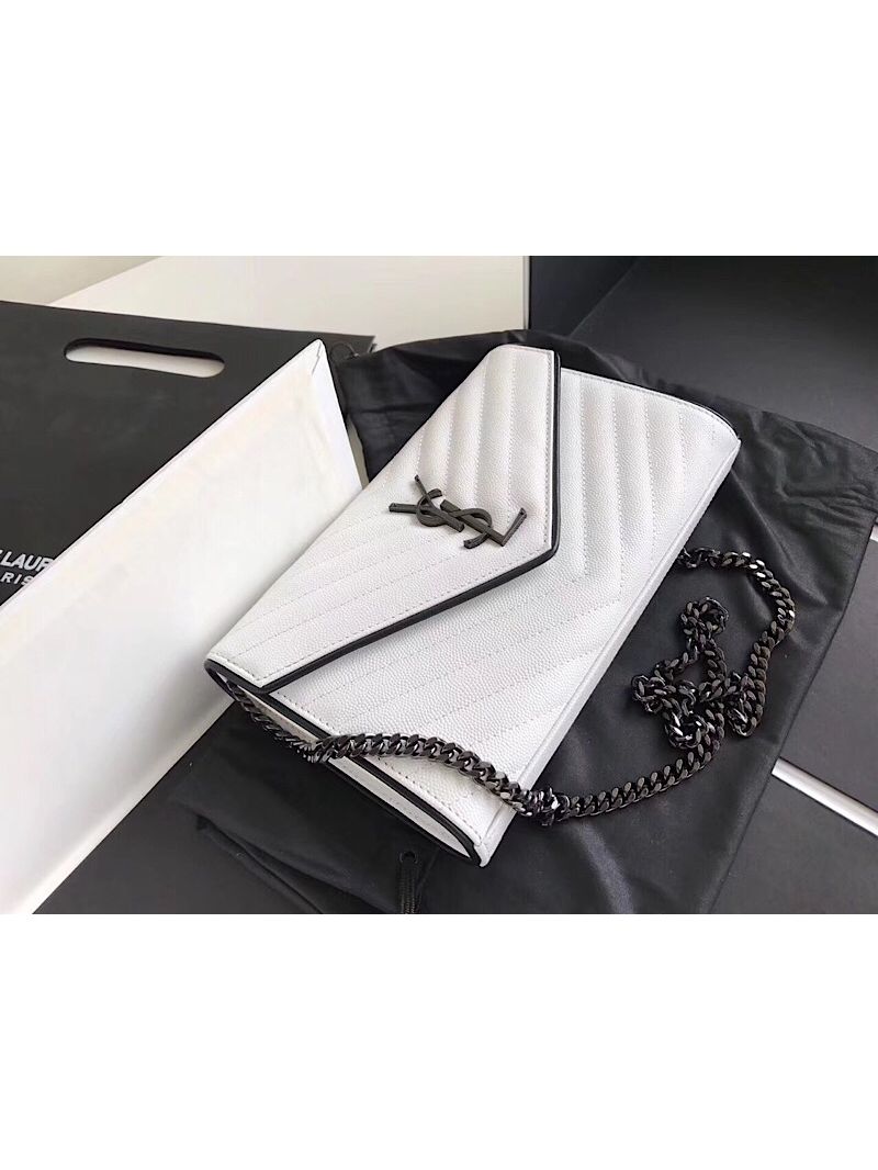 YSL Monogram Saint Laurent Chain Wallet In White And Black Grain De Poudre Textured Matelassé Leather 360452