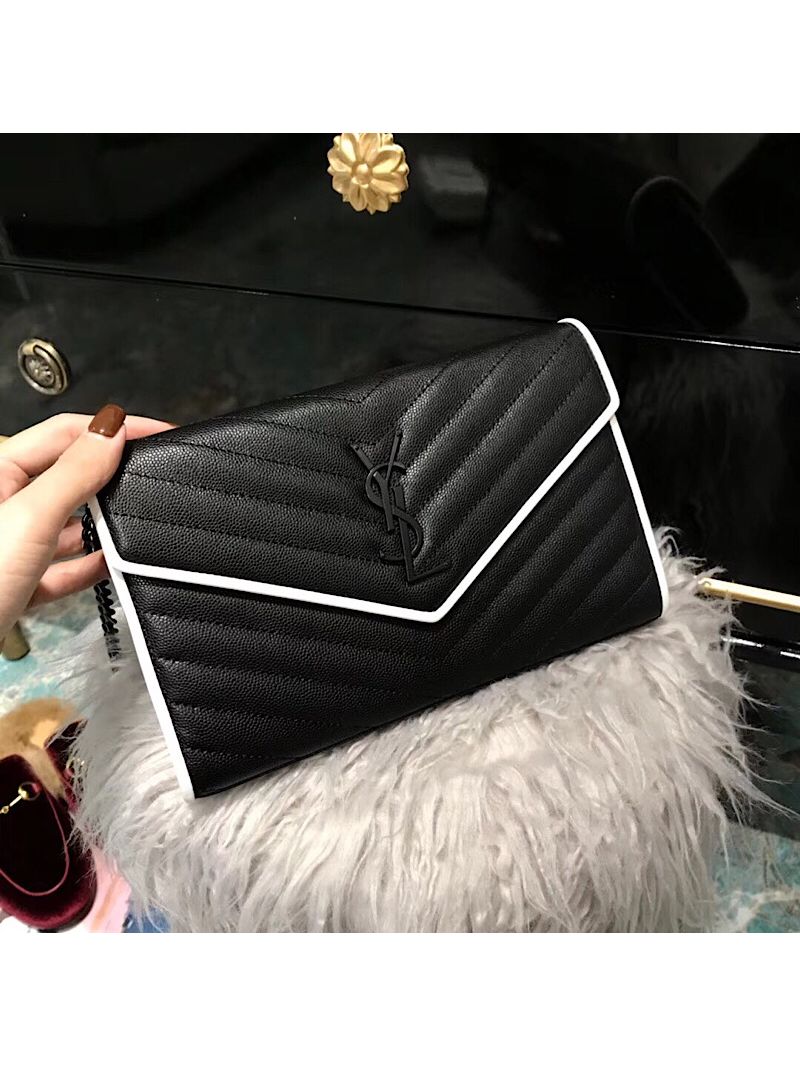 YSL Monogram Saint Laurent Chain Wallet In Black And Dove White Grain De Poudre Textured Matelassé Leather 360452