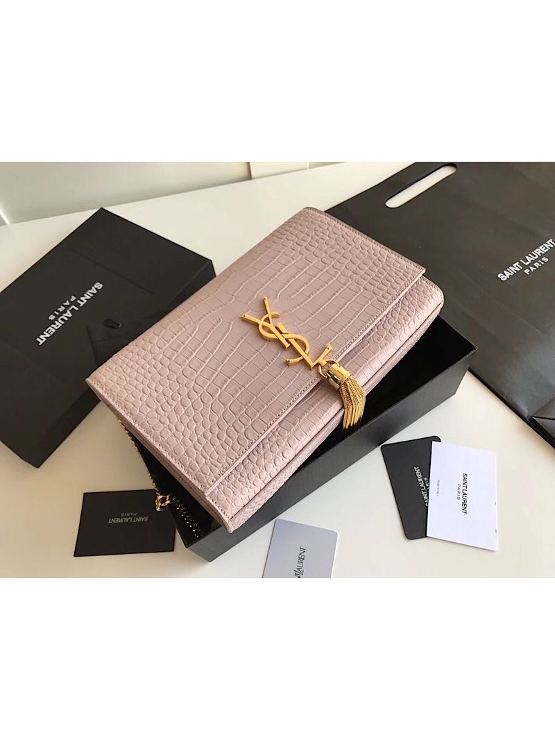 YSL Classic Medium Kate Monogram Saint Laurent Tassel Satchel In Pink Crocodile Embossed Shiny Leather 354119 in gold hardware