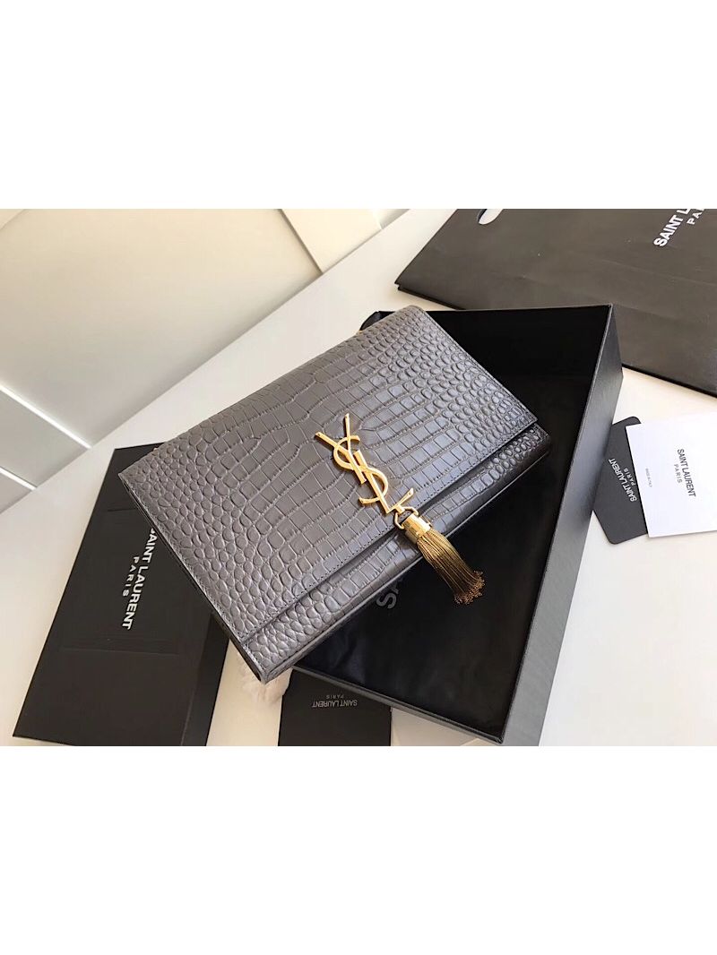 YSL Classic Medium Kate Monogram Saint Laurent Tassel Satchel In Grey Crocodile Embossed Shiny Leather 354119 in gold hardware