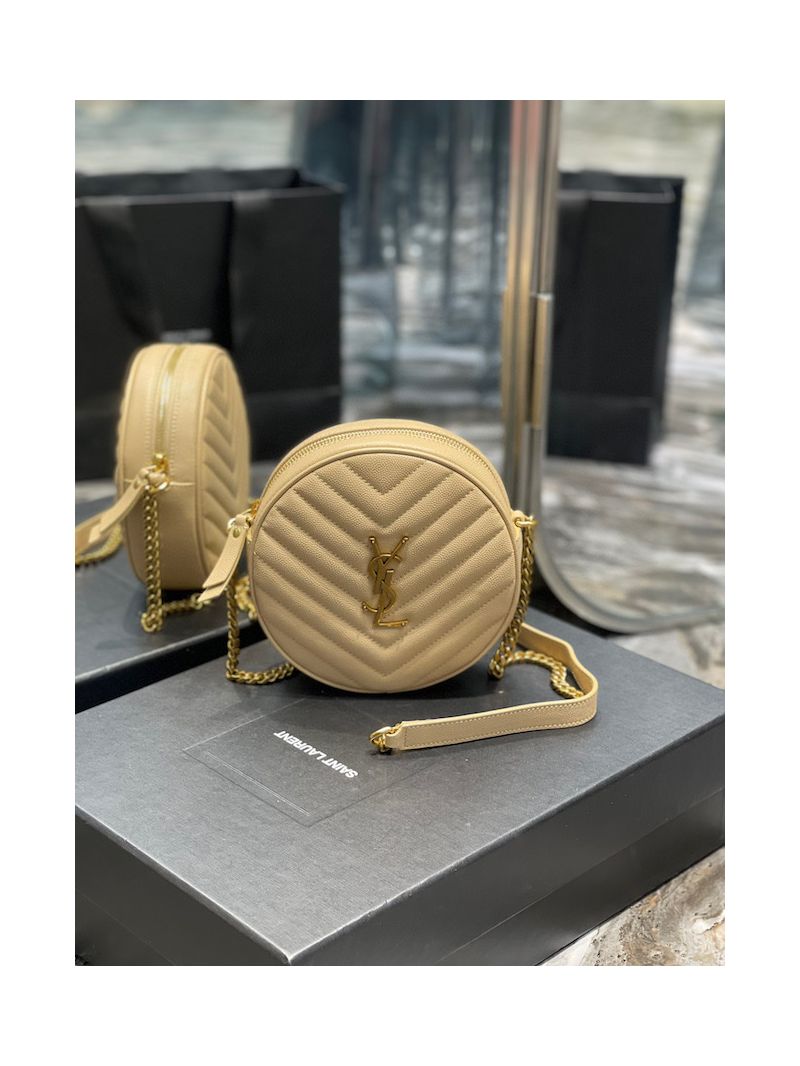 YSL Yves Saint Laurent Vinyle Round Camera Bag In Chevron-quilted Grain De Poudre Embossed Leather 6104361 Beige