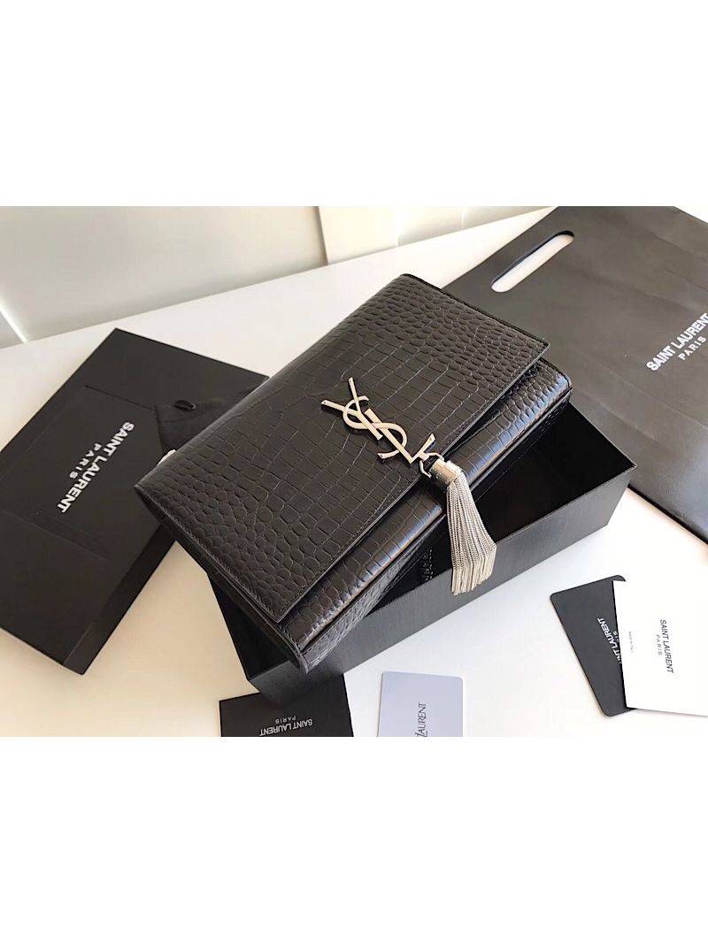 YSL Classic Medium Kate Monogram Saint Laurent Tassel Satchel In Black Crocodile Embossed Shiny Leather 354119 in Silver hardware