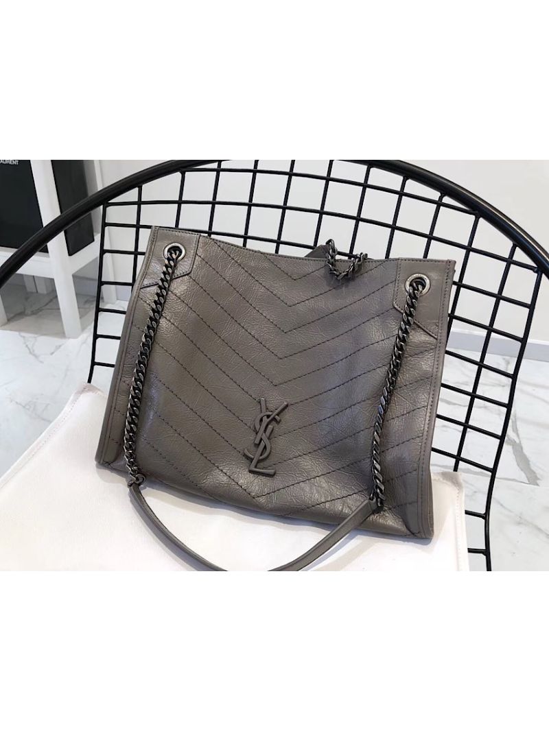 Saint Laurent YSL Niki Medium Shopping Bag In Crinkled Vintage Leather 577999 Fog