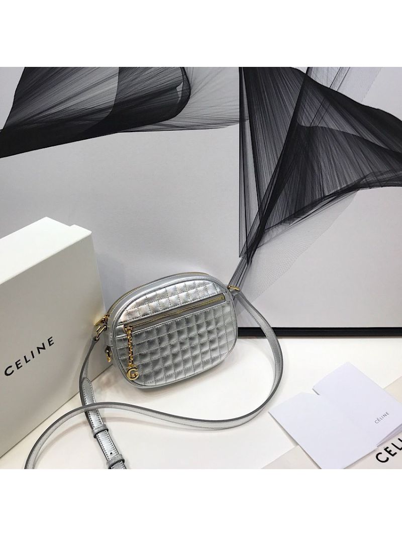 Celine Small C Charm Bag In Quilted Laminiated Calfskin 188363 Silver