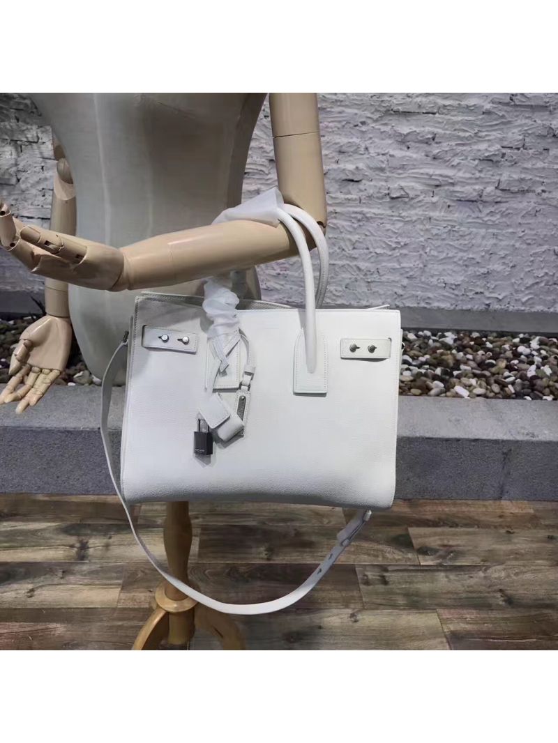 YSL Yves Saint Laurent Classic Sac De Jour Souple Bag in Grained Leather White