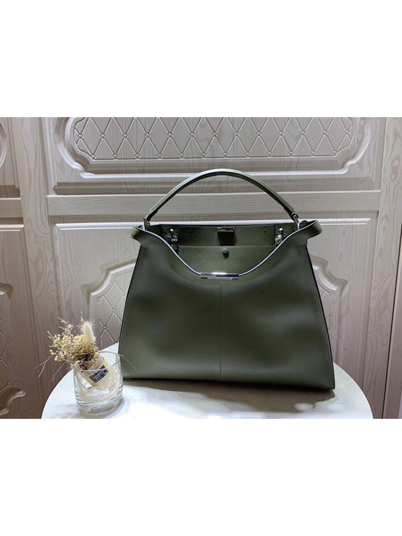 Fendi Peekaboo X-Lite Green Leather Bag 8BN304 with FF Shearling Trim