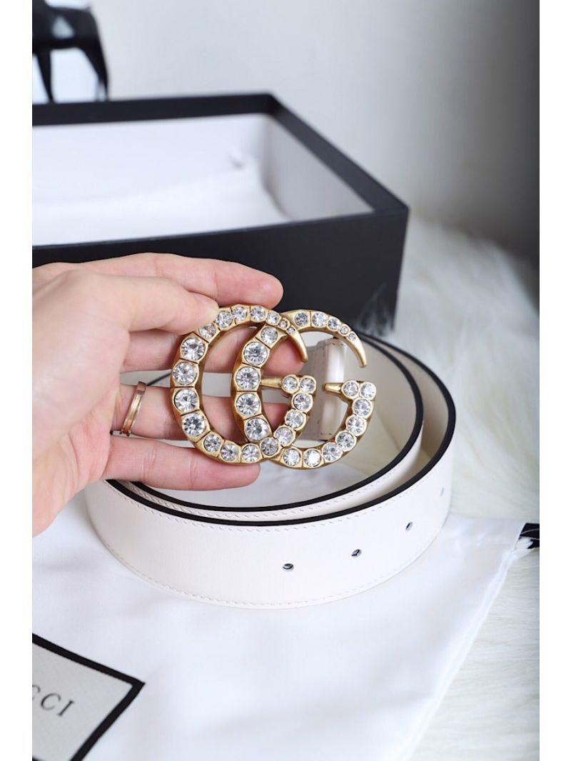 Gucci Leather belt with Crystal Double G Buckle 4cm Width White