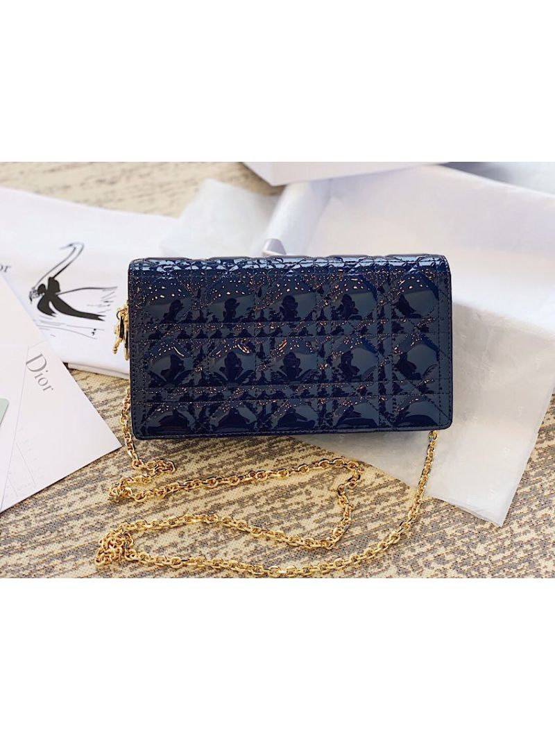 Lady Dior Clutch With Chain in Patent Calfskin S0204 Indigo Blue
