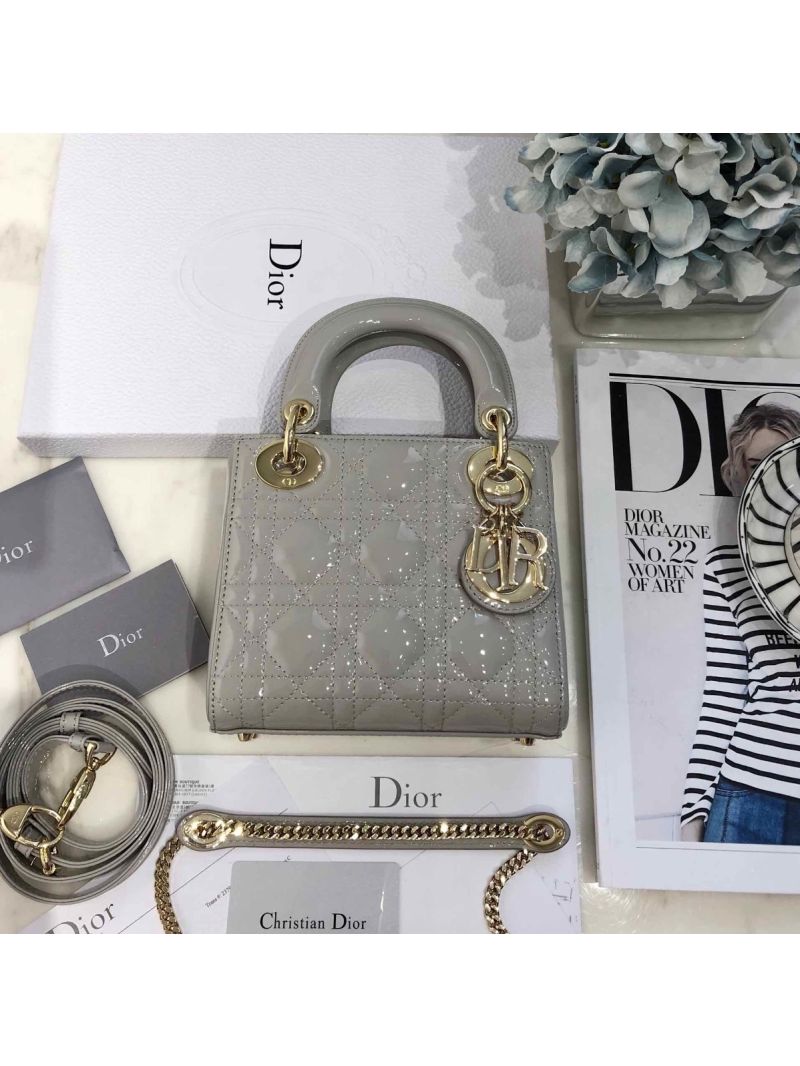 Christian Dior Quilted Grey Patent Leather Lady Dior Bag