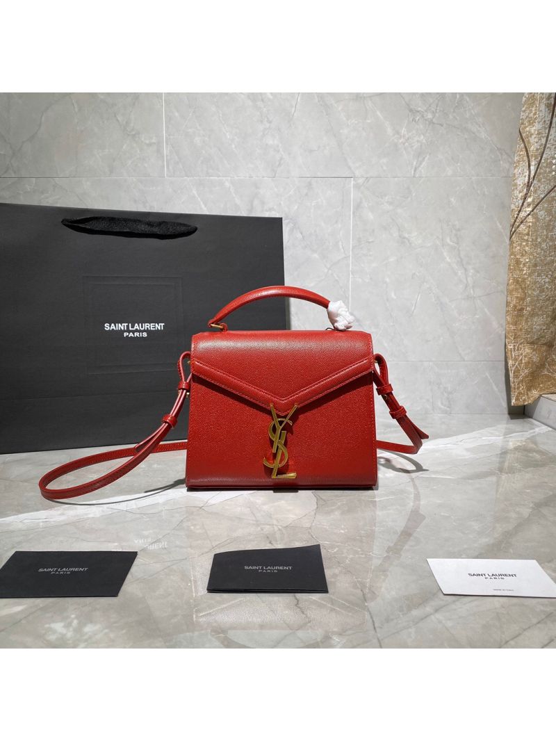 YSL Saint Laurent Cassandra Mini Top Handle Bag In Grain De Poudre Embossed Leather 602716 Red