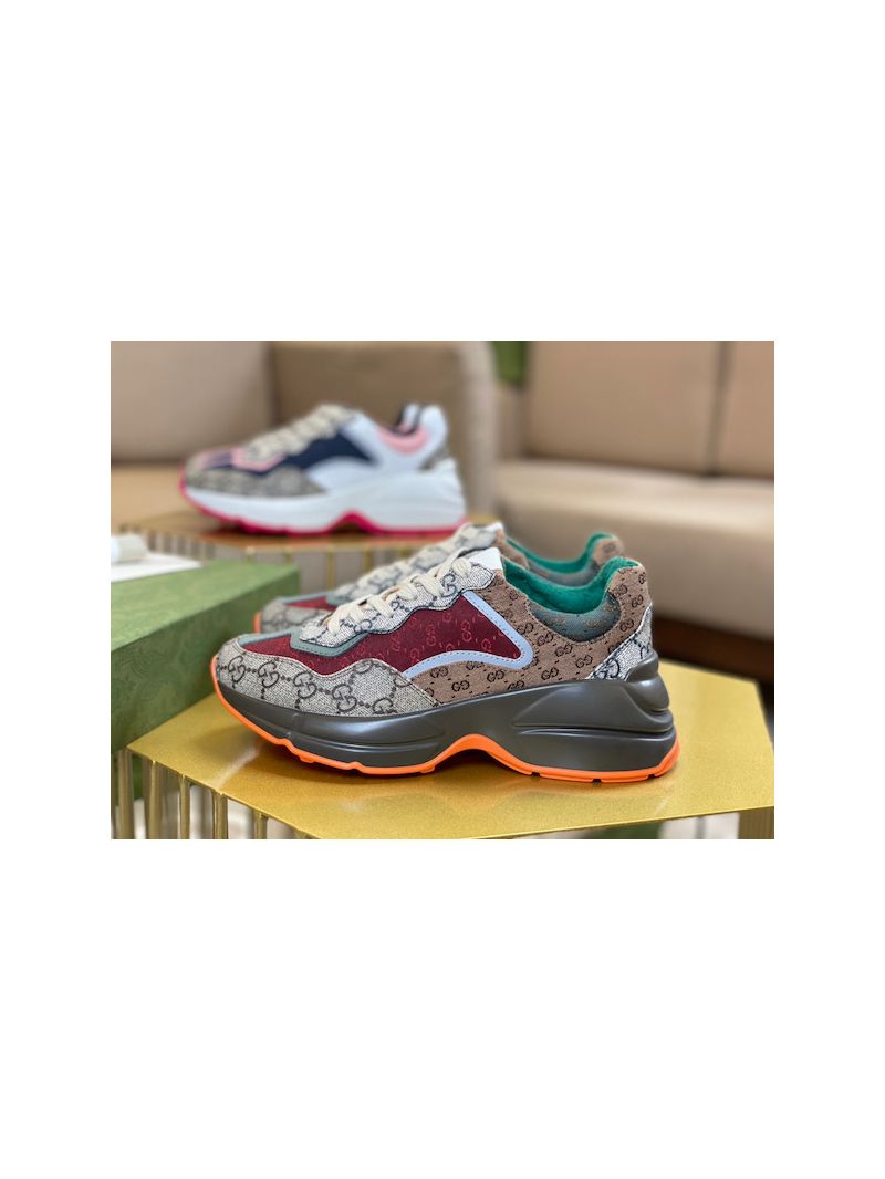 Gucci Women Men's Rhyton Leather Sneaker with Retro Logo burgungy, brown and green 528892