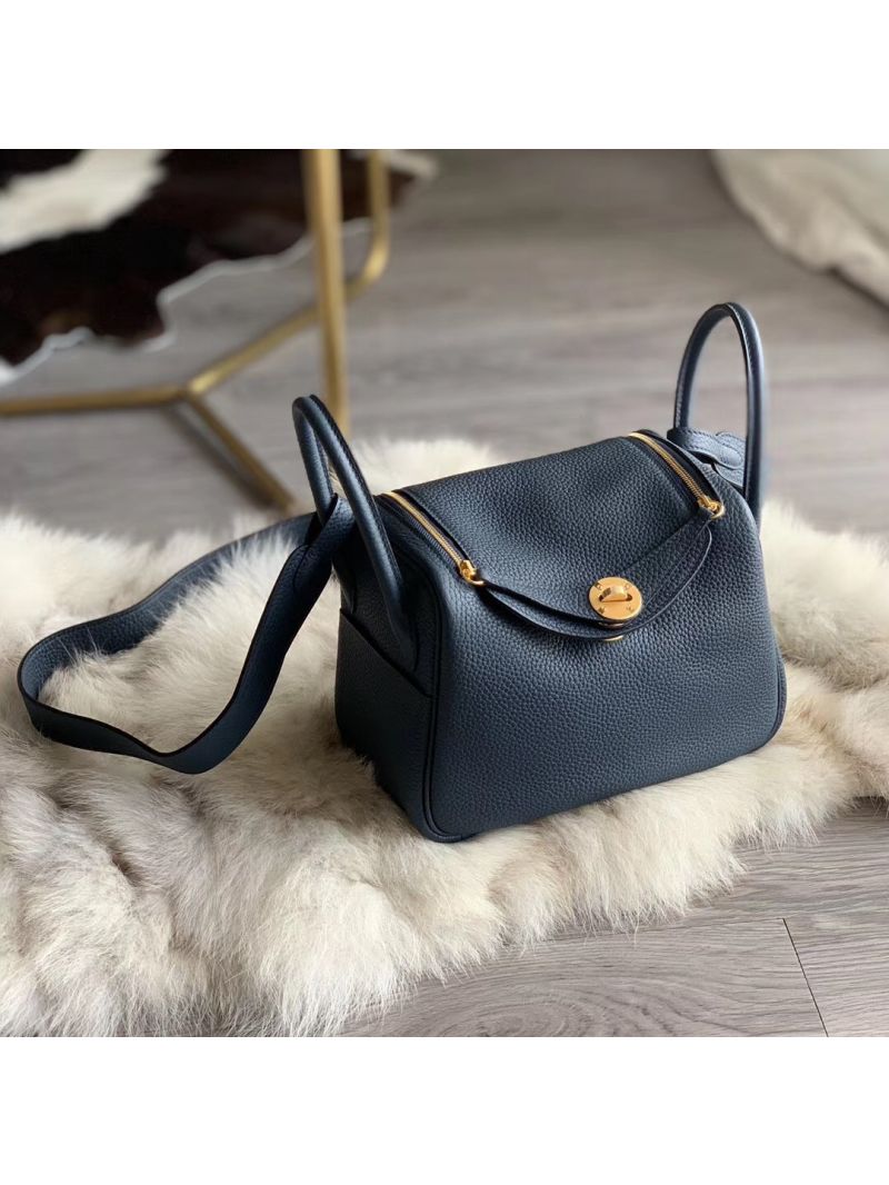 Hermes Mini Lindy 20cm Bag in Clemence Storm Blue