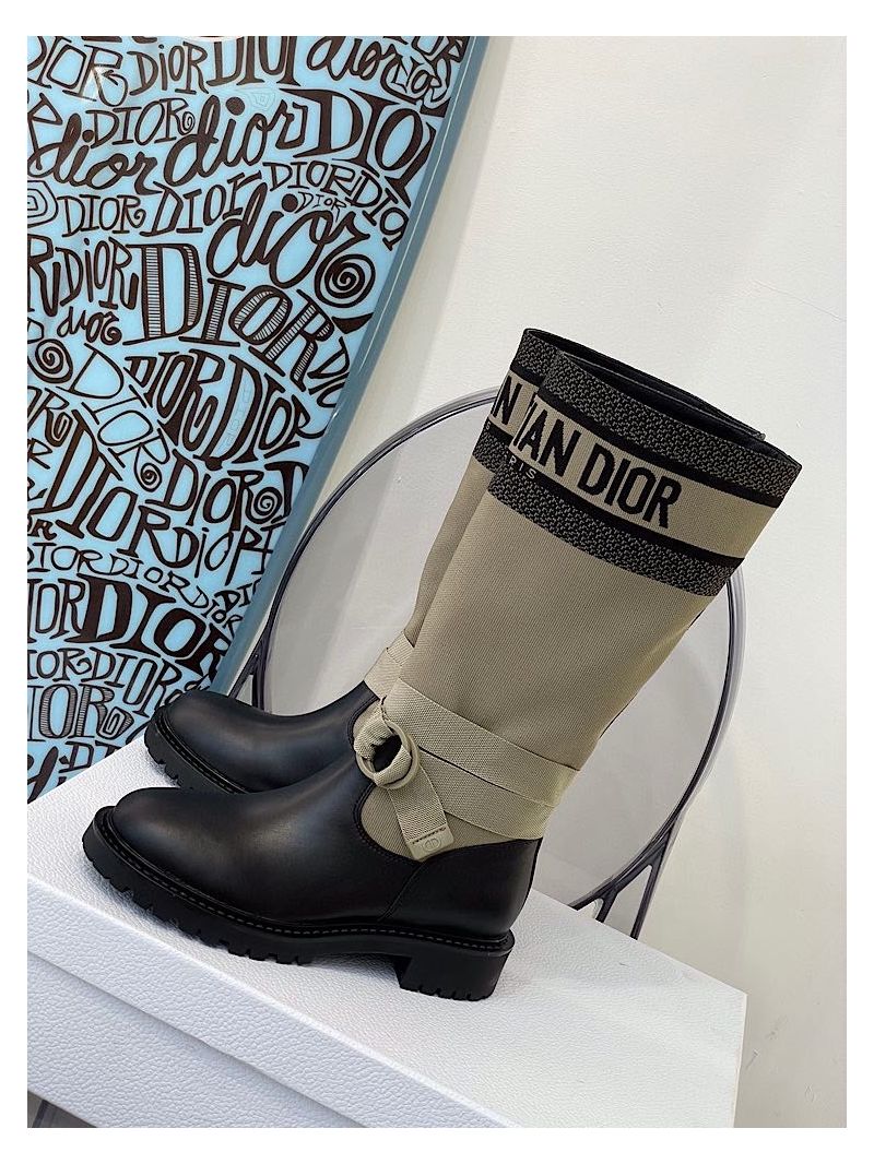 Dior D-Major Ankle Long Boot Taupe and Black Technical Fabric and Black Calfskin KCI611