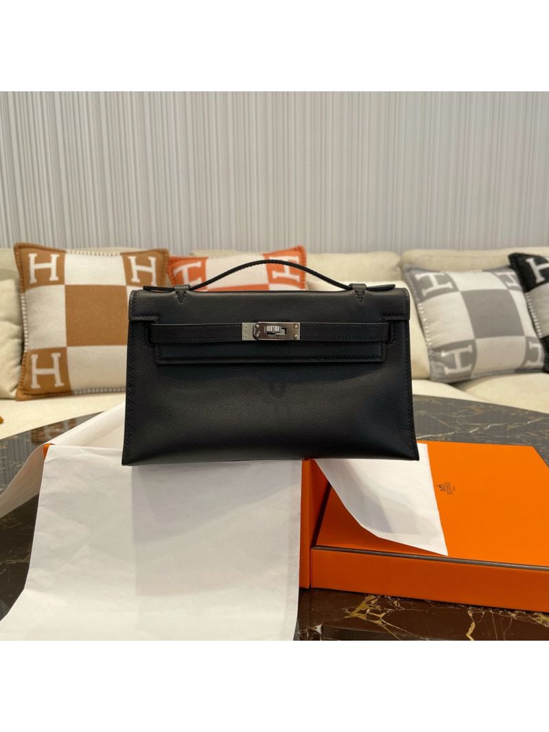 Hermes Mini Kelly Pochette Clutch Bag in Swift Leather Black