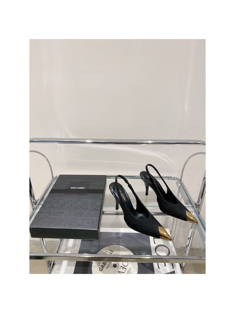 YSL Saint Laurent Vesper Slingback Pumps In Bouclé Tweed with Metal Toe Cap 680887