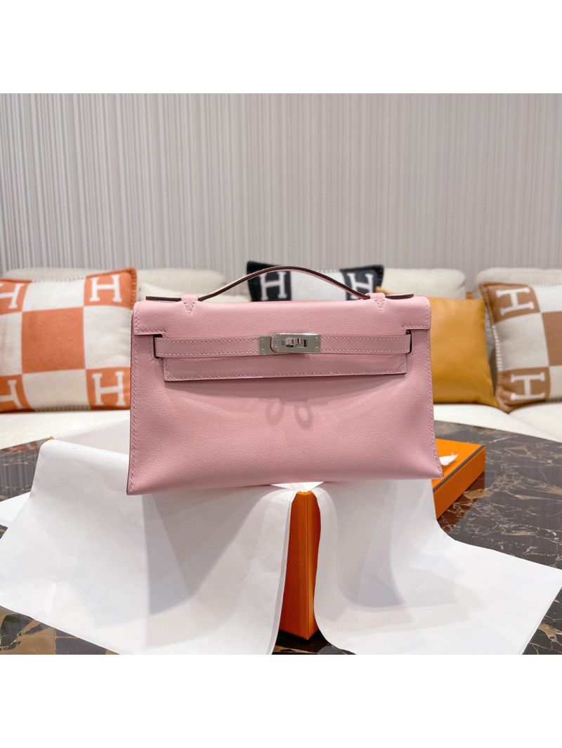 Hermes Mini Kelly Pochette Clutch Bag in Swift Leather Sakura Pink
