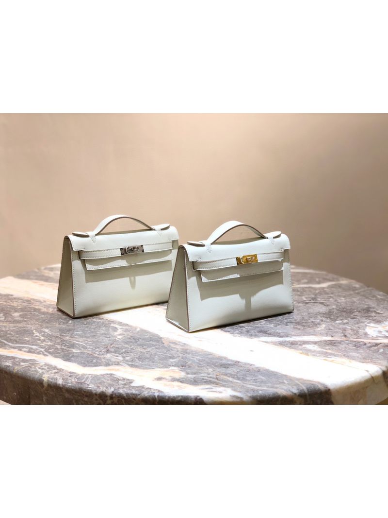 Hermes Mini Kelly Pochette Clutch Bag in Swift Leather Craie