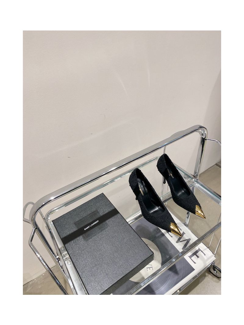 YSL Saint Laurent Vesper Pumps In Bouclé Tweed with Metal Toe Cap 675193