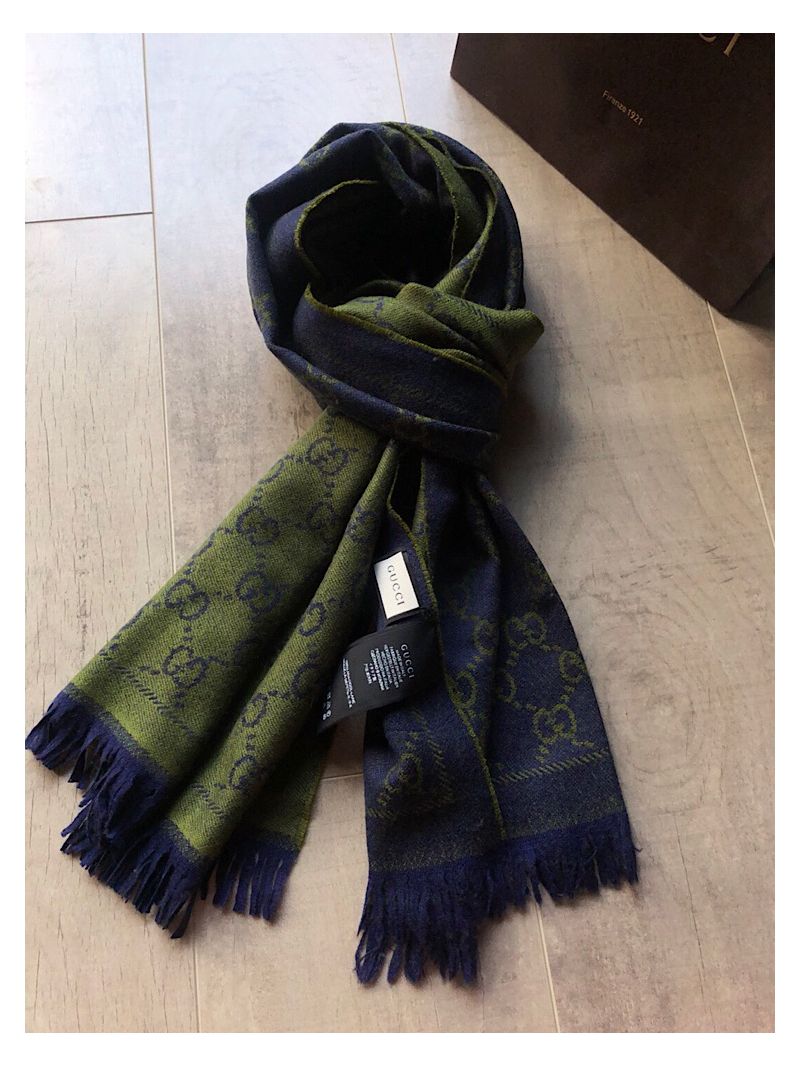 Gucci GG Jacquard Pattern Knitted Scarf Olive Green