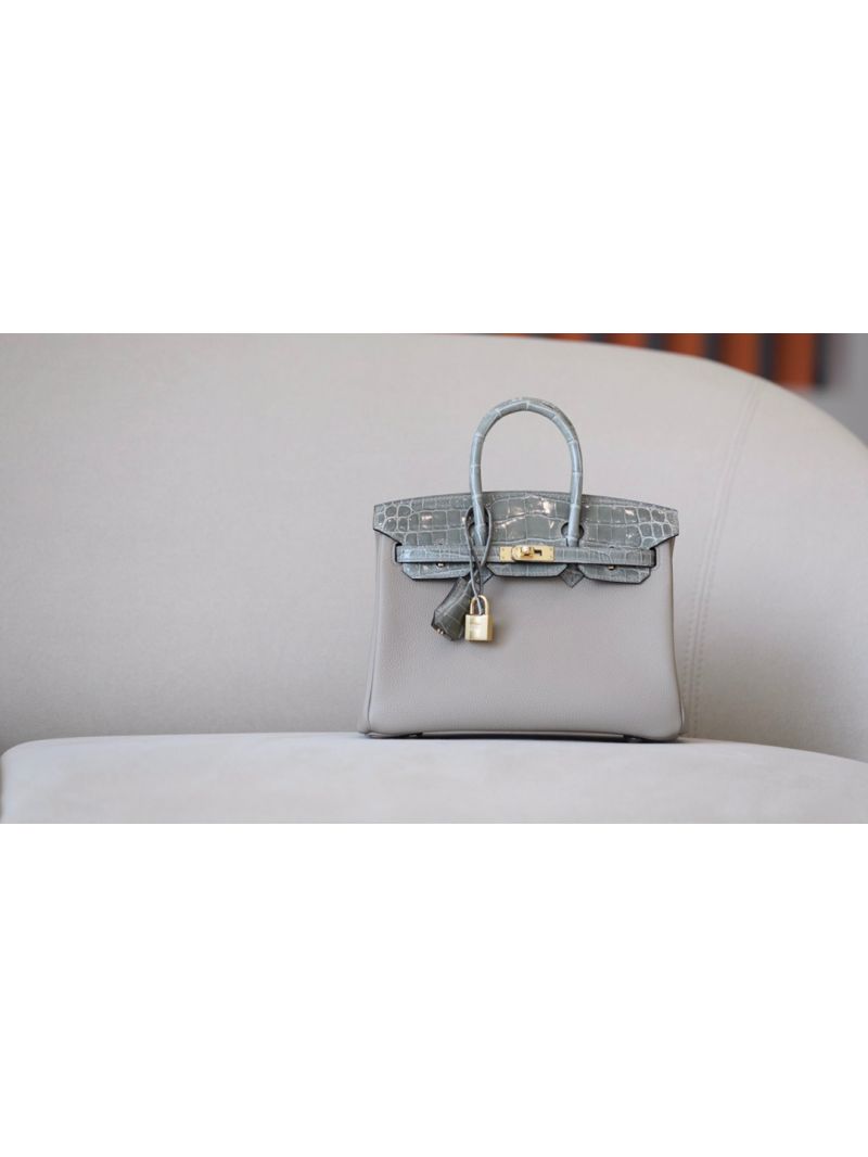 Hermes Birkin Touch Togo w Shiny Niloticus Crocodile Leather CK81 Gris Tourterelle