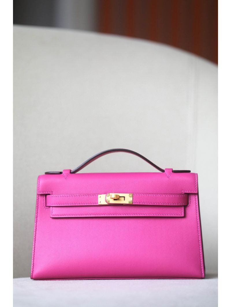 Hermes Mini Kelly Pochette Clutch Bag in Swift Leather Rose Pourpre