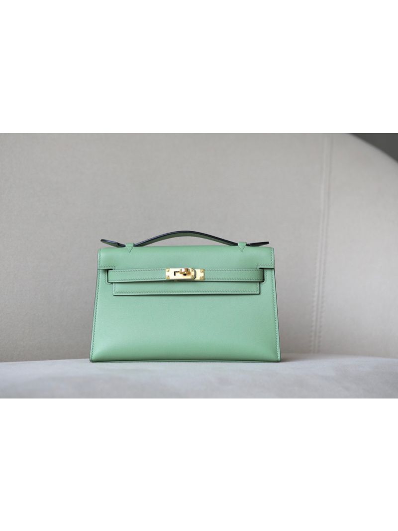 Hermes Mini Kelly Pochette Clutch Bag in Swift Leather Avocado Green