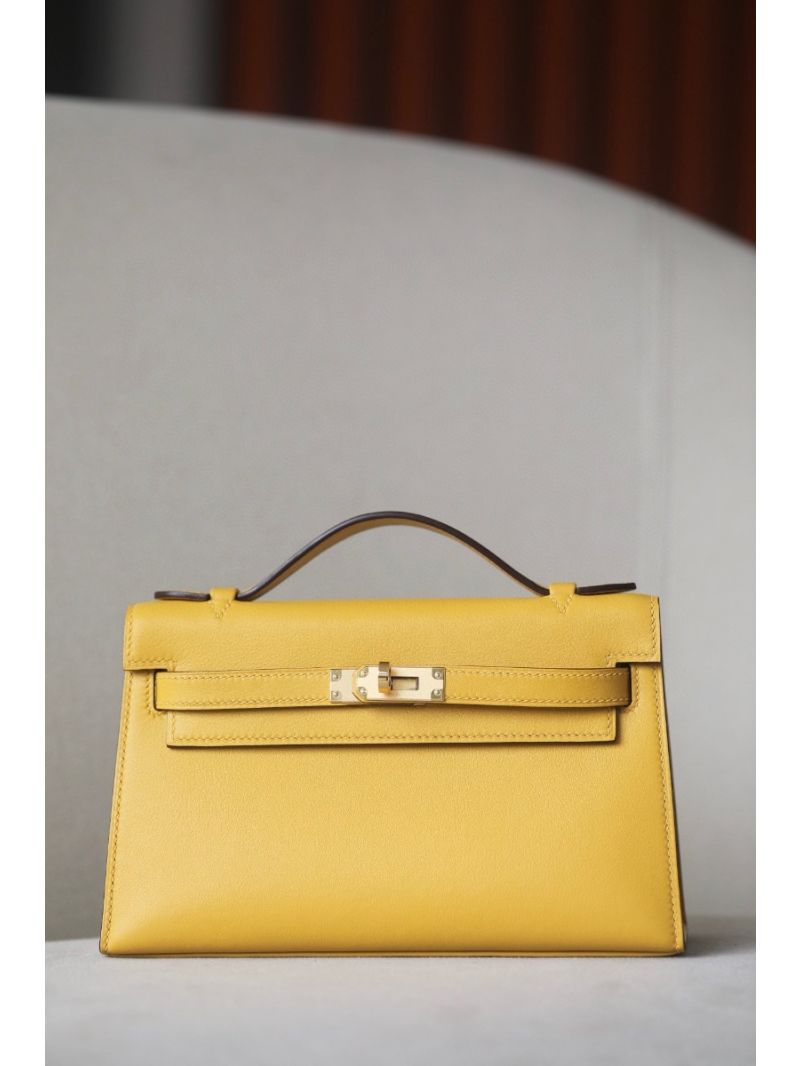 Hermes Mini Kelly Pochette Clutch Bag in Swift Leather Jaune Ambre