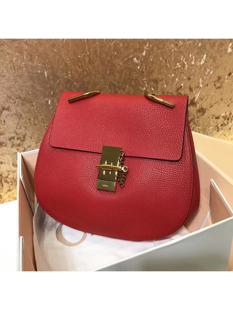 Chloe Drew Shoulder Bag in Grained Lambskin Red