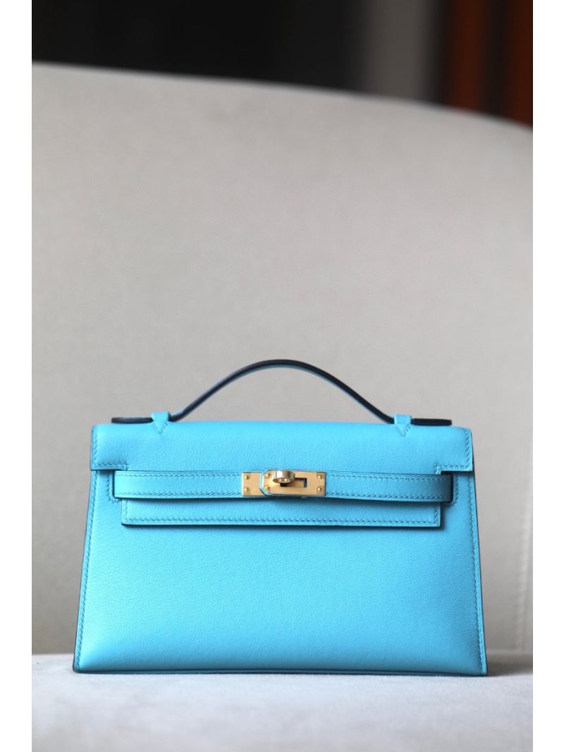 Hermes Mini Kelly Pochette Clutch Bag in Swift Leather Blue De Nord