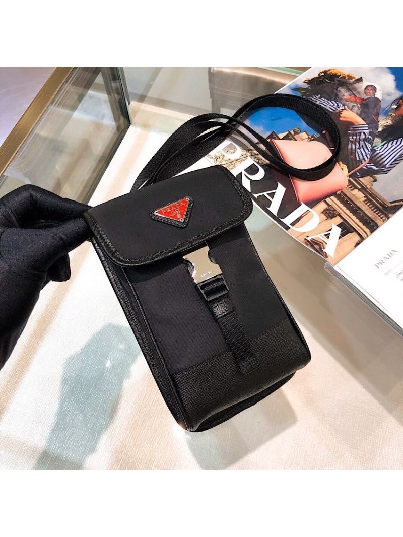 Prada Nylon and Saffiano Leather Cellphone Case 2ZH109 Black w Red logo